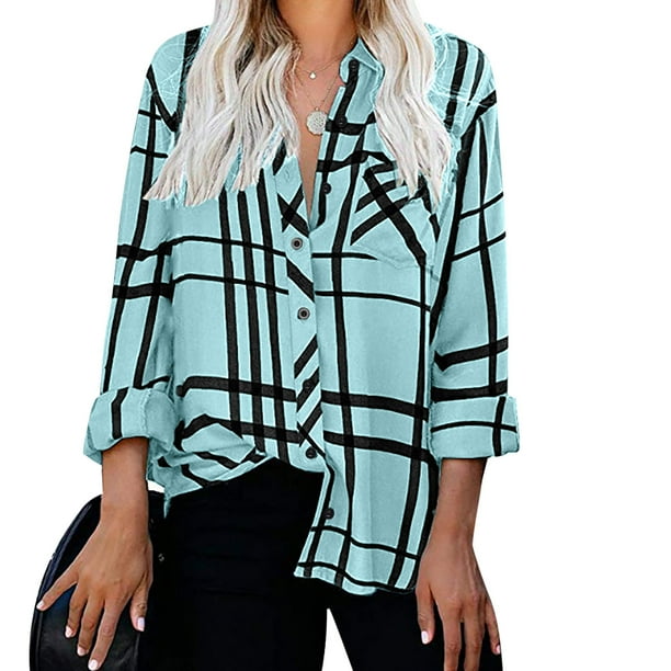 Pntutb Blusa con estampado de cuadros de manga larga con botones sueltos para mujer Pntutb Pntutb-4112