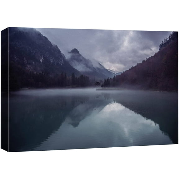 wall26 Canvas Print Wall Art Dark Blue & Purple Misty Mountain Reflections Nature Wilderness Photography Modern Art Rustic Scenic Colorful Multicolor for Living Room, Bedroom, Office - 24"x3