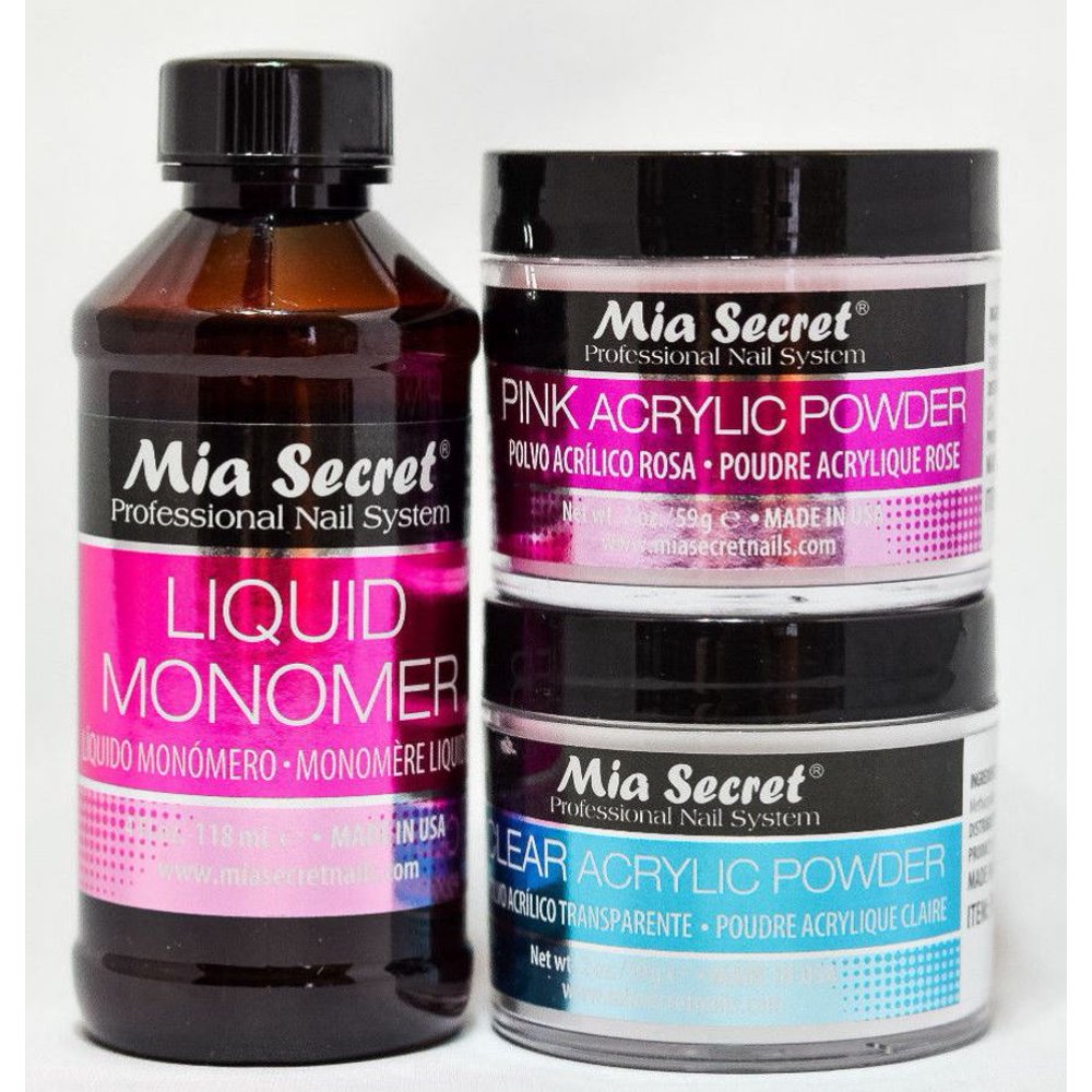 Mia Secret Liquid Monomer 4oz & 2oz Clear and 2oz Pink Acrylic Powder