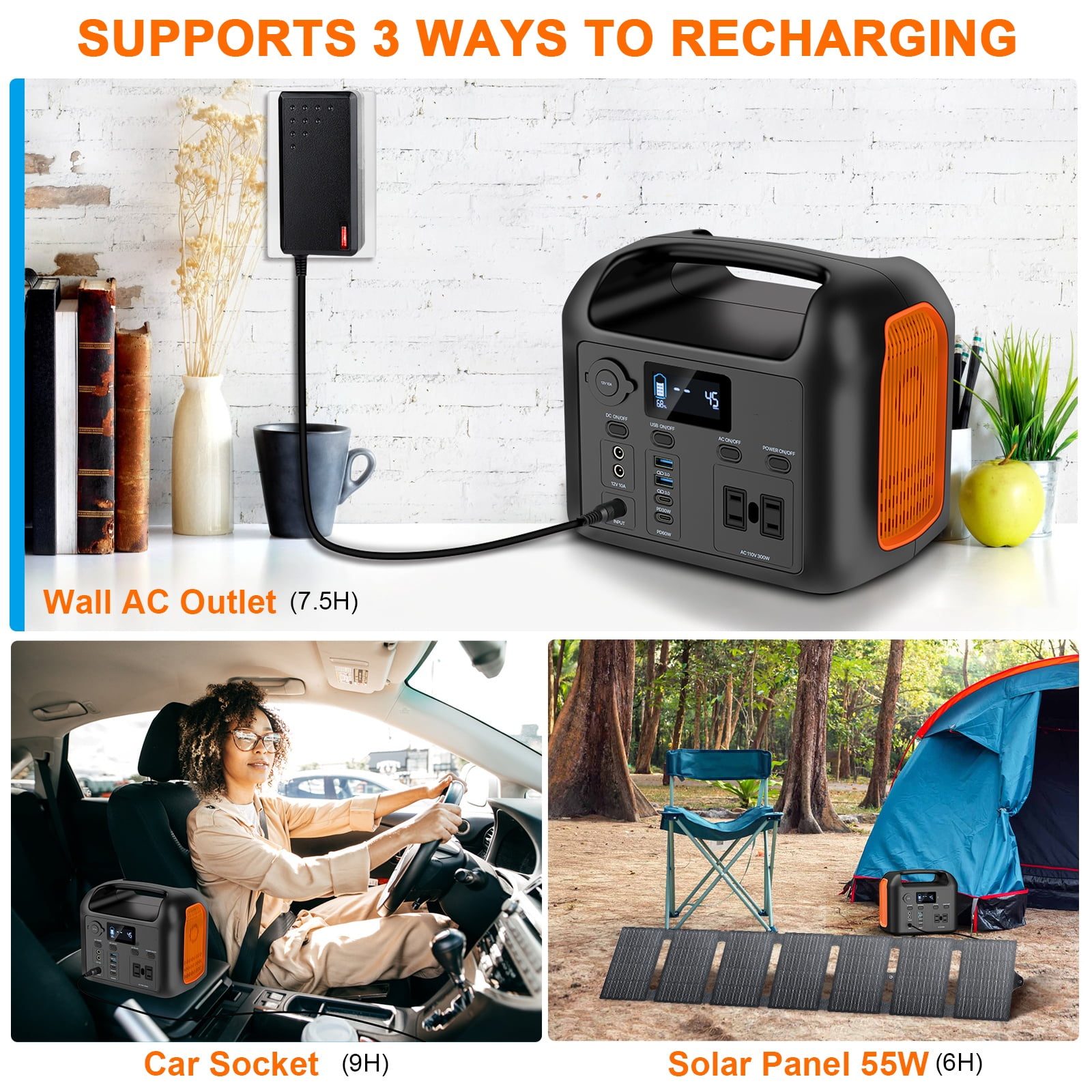 R300 299Wh Portable Power Station With 55W Solar Panel, Pure Sine Wave Solar Generator, Battery Pack, Emergency Power Station with 110V/300W 2 AC Outlets, PD 60W USB-C&Dual 12V/120W Ports Power