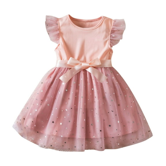 vdgthytj Toddler Baby Girls Tulle Dress Summer Fly Sleeve Bowknot Mesh Princess Birthday Party Dresses Gown
