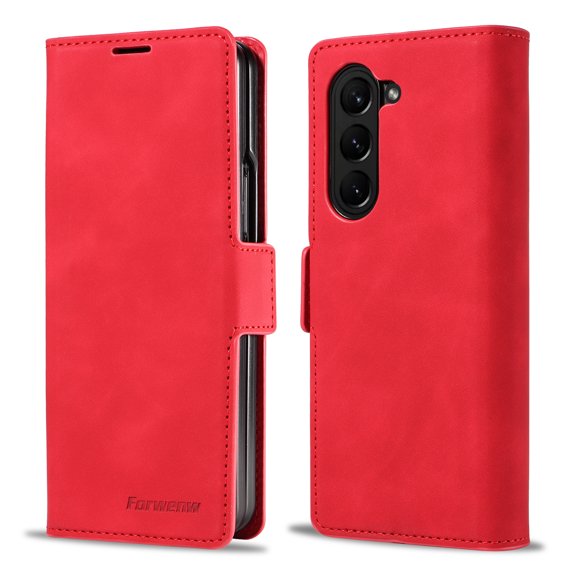 Feishell Wallet Case for Samsung Galaxy Z Fold 6,Shockproof Anti-Scratch Premium PU Leather Magnetic Clasp Flip Kickstand ID Credit Card Slots Slim Phone Case for Women Men,Red