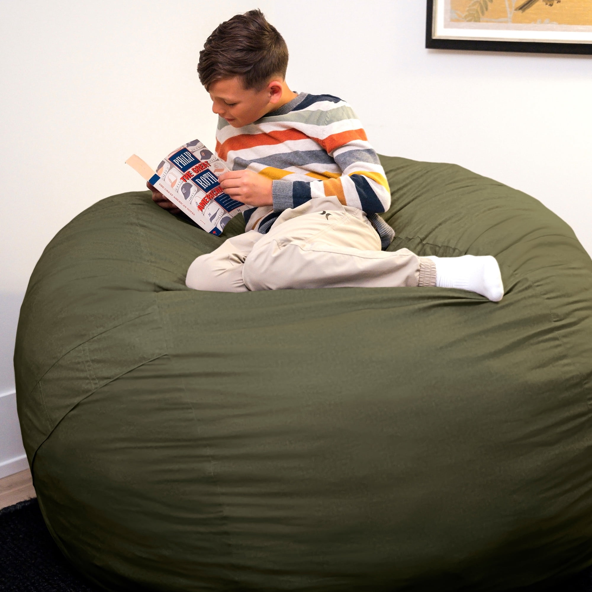 Big Joe Fuf 5Ft Oversized Foam Bean Bag Chair for Kids, Teens, Adults, Forest Green Velveteen, Durable Woven Polyester, 5 foot Large Reading and Gaming Seat