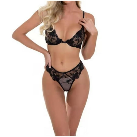 

CALAFEBILA Christmas Gift Women Sexy Lingerie Lace Flower Embroidery Bra Thong Lingerie Underwear Pajamas