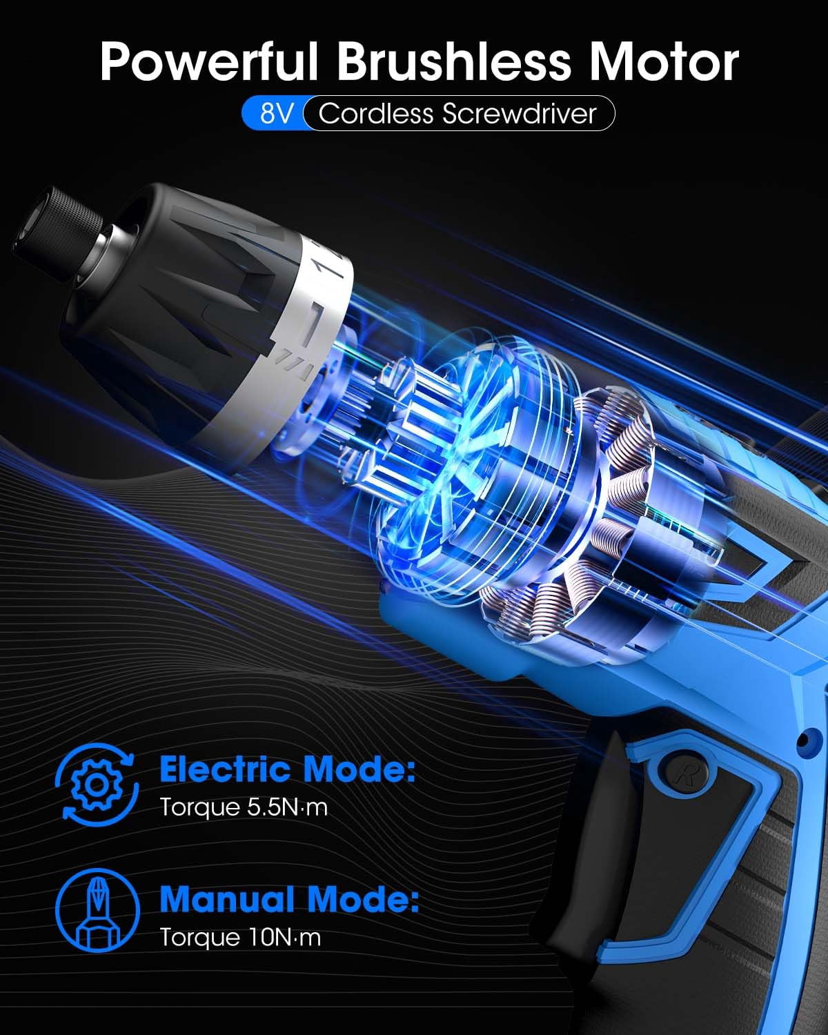 Electric Cordless Screwdriver 47-in-1 Drill Driver Rotatable Dual Position Handle with LED Light