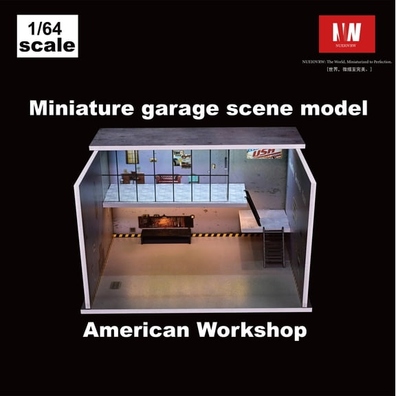Diorama 1/64 American Diecast Car Garage Model, Tri-Color LED Lighting Repair Workshop Scene Display Case, Brightness Adjustable Showroom Model Car Display Storage