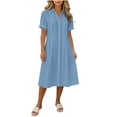 thumbnail image 2 of 2026 Summer Womens Dress Cotton Linen Short Sleeve Button Down Midi Dress with Pleated Front & Collar, 2 of 7
