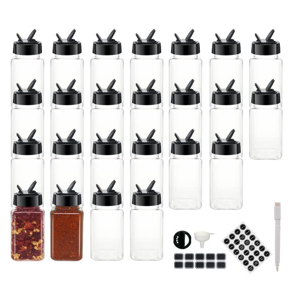 BPFY Lot de 24 Pots à Épices en Plastique Transparent de 4 Oz avec Couvercles en Plastique Noirs, Bouteilles à Épices Carrées, Contenants d'Assaisonnement avec Étiquettes à Craie, Stylo, Entonnoir, Épices C