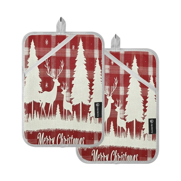 BZSMCE Pot Holder Oven Mitts Cooking baking Classical Plaid Pattern with Reindeer Creative Pattern Size:7x9.8in