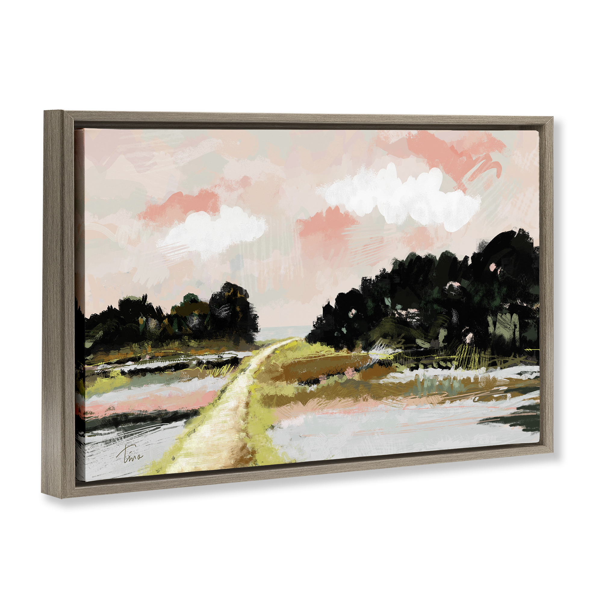 Stupell Industries Nature with Blush Sunrise Landscape & Nature Painting Brown Floater Framed Canvas Art Print Wall Art, 31 x 21