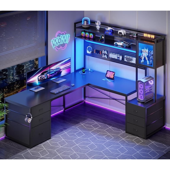 Reversible L Shaped Gaming Desk with 6 Drawers and Hutch, Computer Corner Desk with LED Lights, File Drawer, Storage Shelves and Power Outlet, Two Person Home Office Workstation