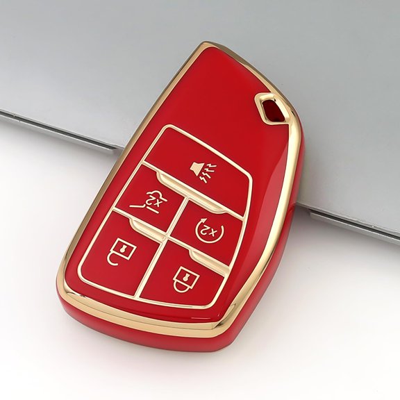 Key Fob Cover Compatible with Fit for 2021-2024 Chevrolet Suburban Tahoe Silverado 1500 GMC Yukon Sierra 5-Button Soft TPU Leather Keychain Case Holder Protector