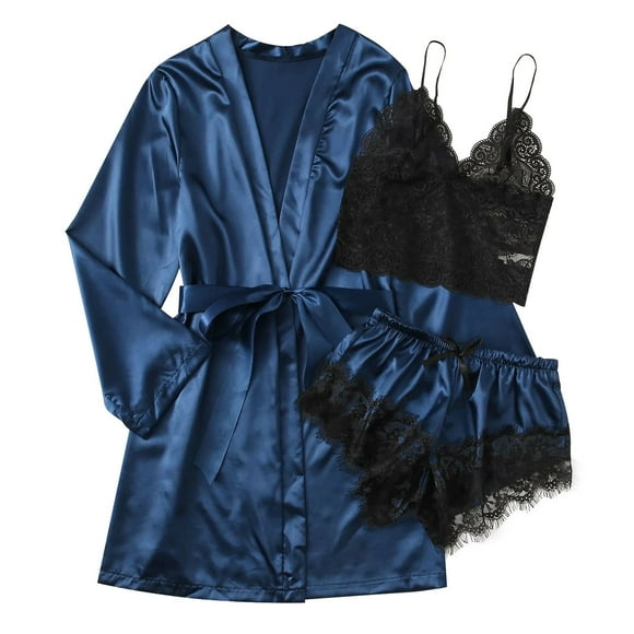 Womens Summer Pajamas Sets Clearance Silk Pajamas Womens Summer Short Sleeve Sleepwear Soft Satin Button down Loungewear Cute 3 Piece Pjs Shorts Set Womens Pjs Sets Blue M New
