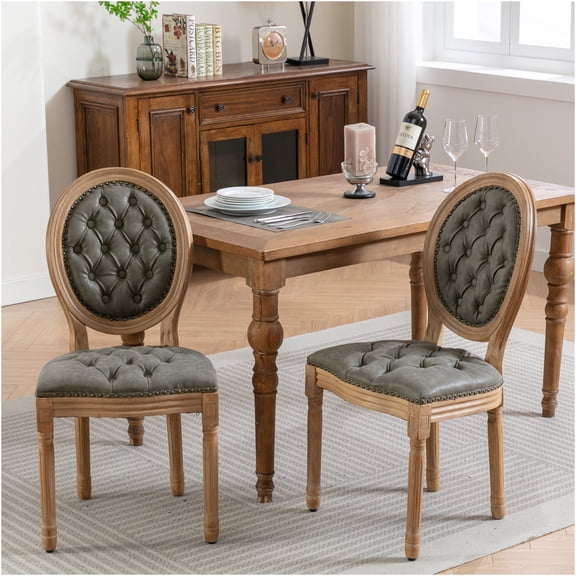 JERFIT French Style Dining Chairs Set of 2, Upholstered PU Leather Side Chairs with Nailhead Trim, Olive Green