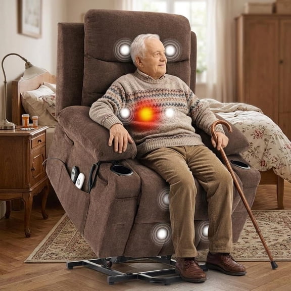 Power Lift Recliner Chair for Elderly, Oversized Stand Assist Lounge Chair – Heat & Massage, Lumbar Support, 2 Cup Holders – Easy Assembly for Living Room or Home Theater