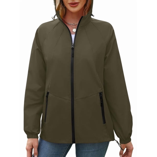 Chaqueta Impermeable para Mujer, Cortavientos, Impermeable, con Capucha, Plegable y Bolsillos. Verde L