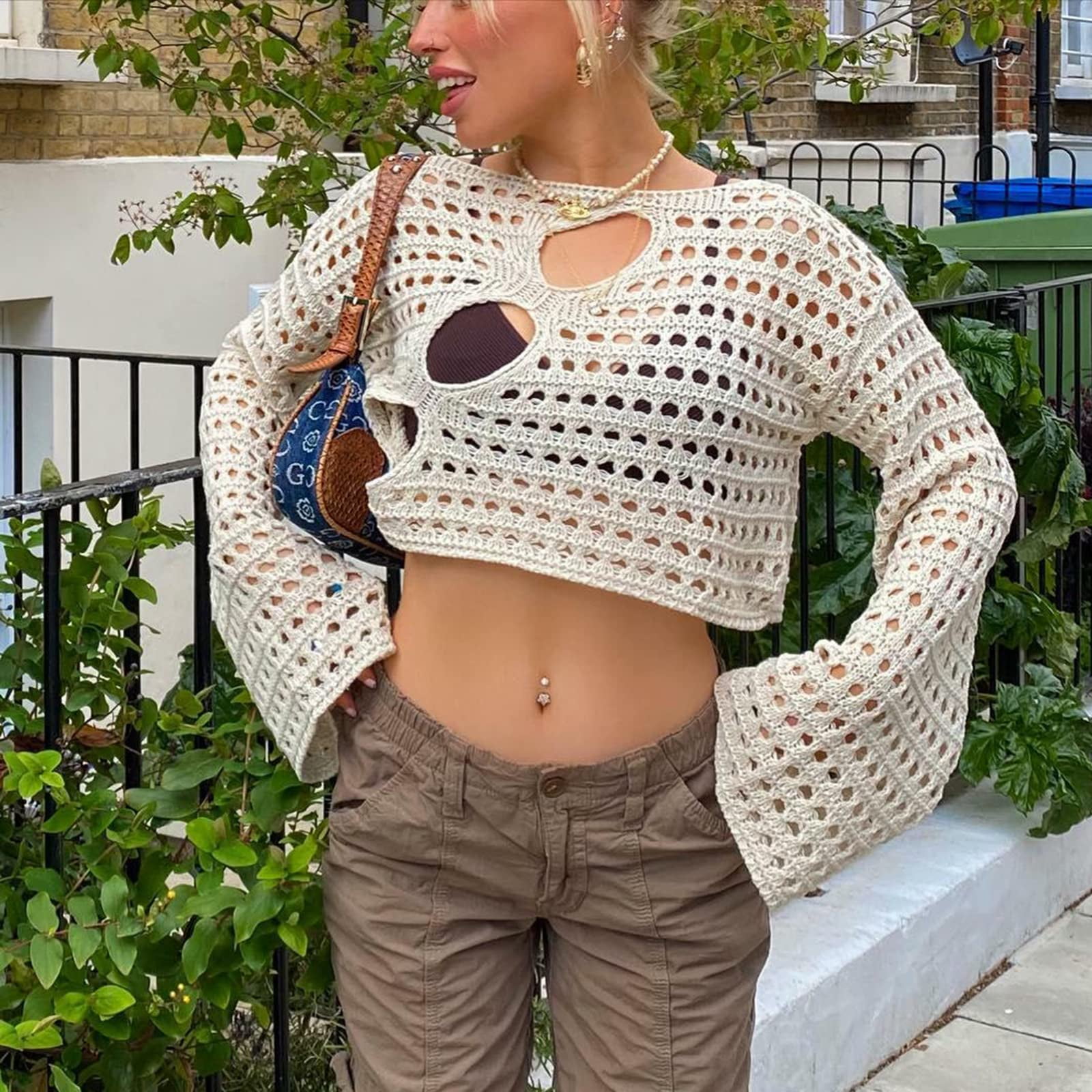 ★関税込★TRILLION★OVERFIT CROCHET NET COLLAR HALF SLEEVE★ Aunavey Womens Cropped Knit Top Long Sleeve Crochet Hollow