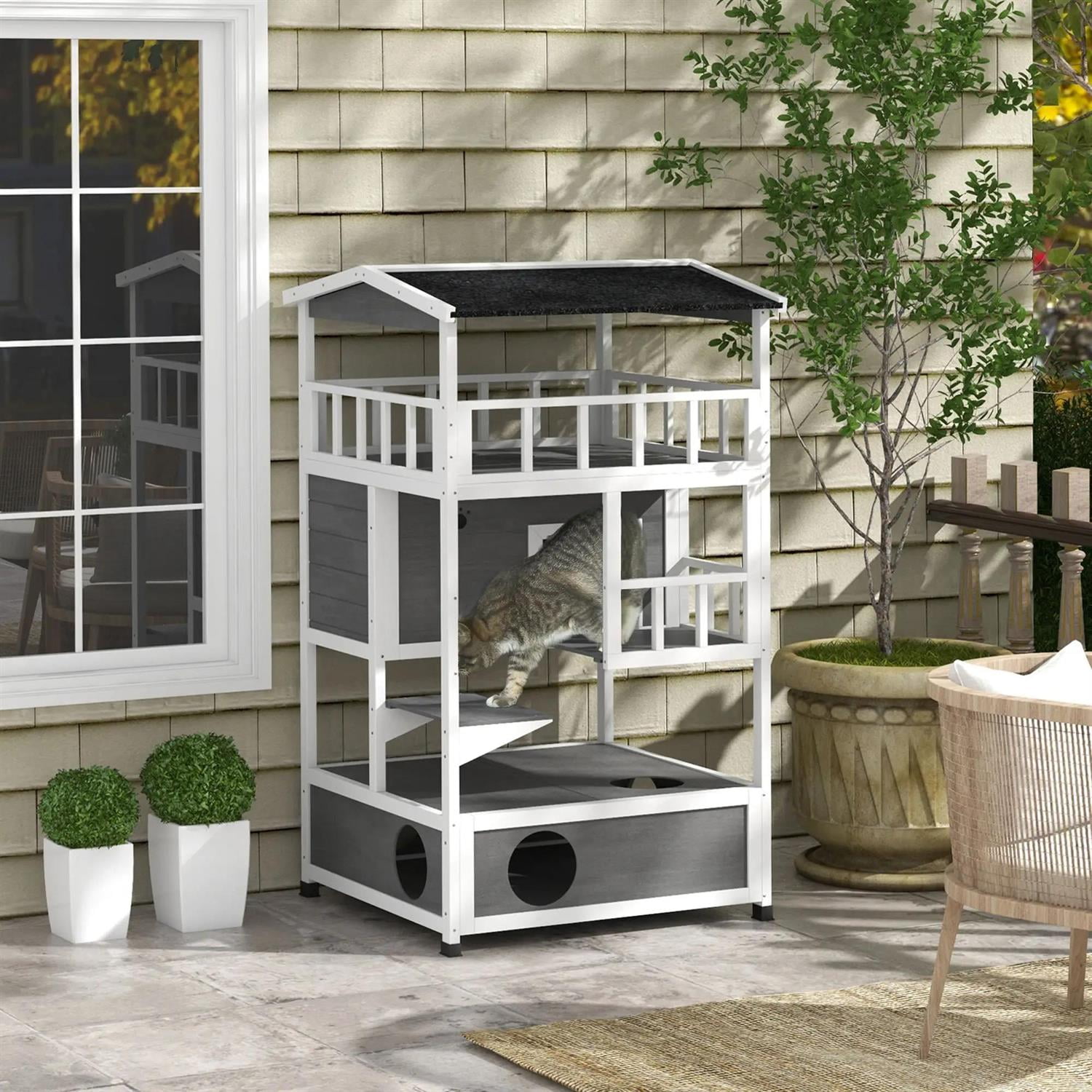 Pefilos Outdoor Weatherproof Cat House with Asphalt Roof, Escape Door, Jumping Platform, Wooden Feral Shelter for Cats and Small Animals, Gray