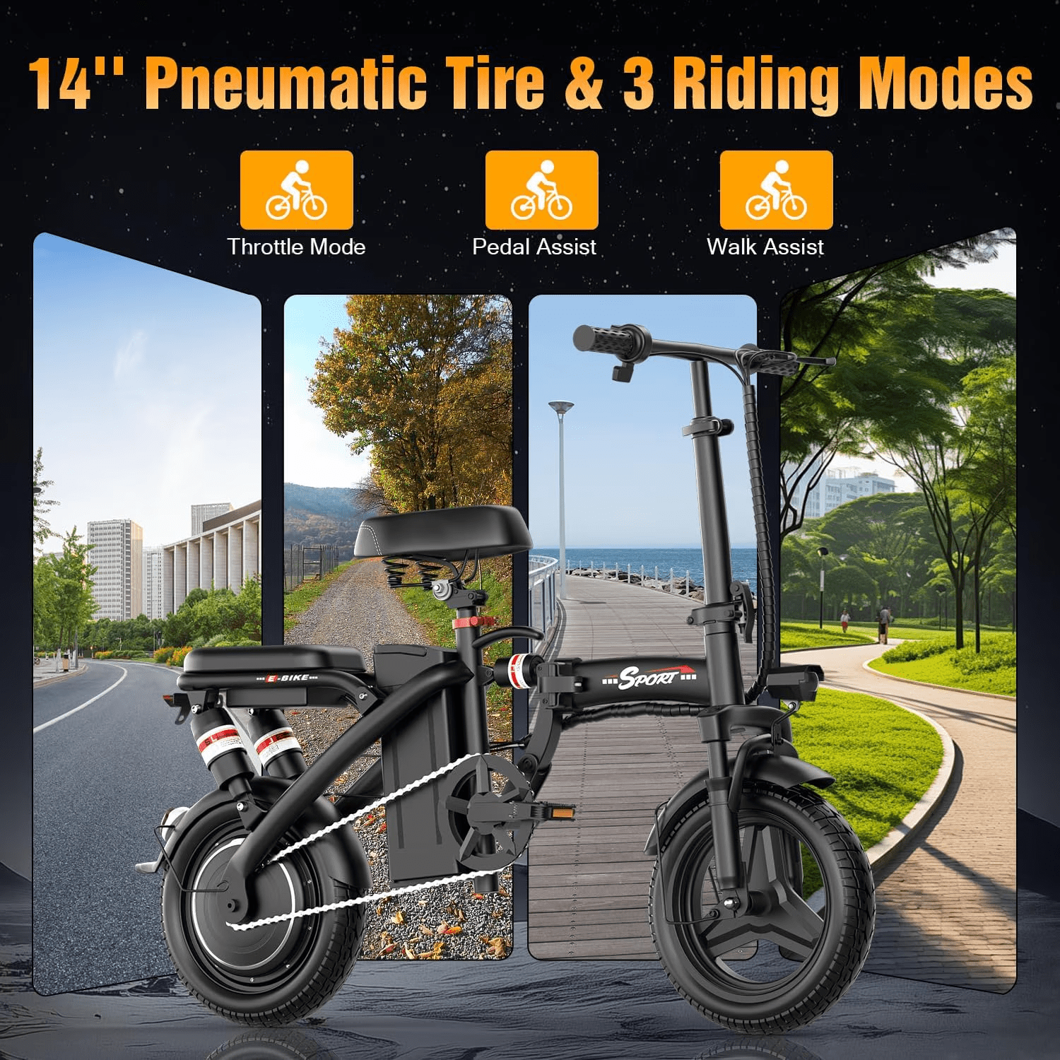 Pikabike Foldable Electric Bike for Adults, 14" E-Bike, 48V 10Ah Removable Battery, 1200W Peak Motor, UL 2849 Certified, 45 Miles Range