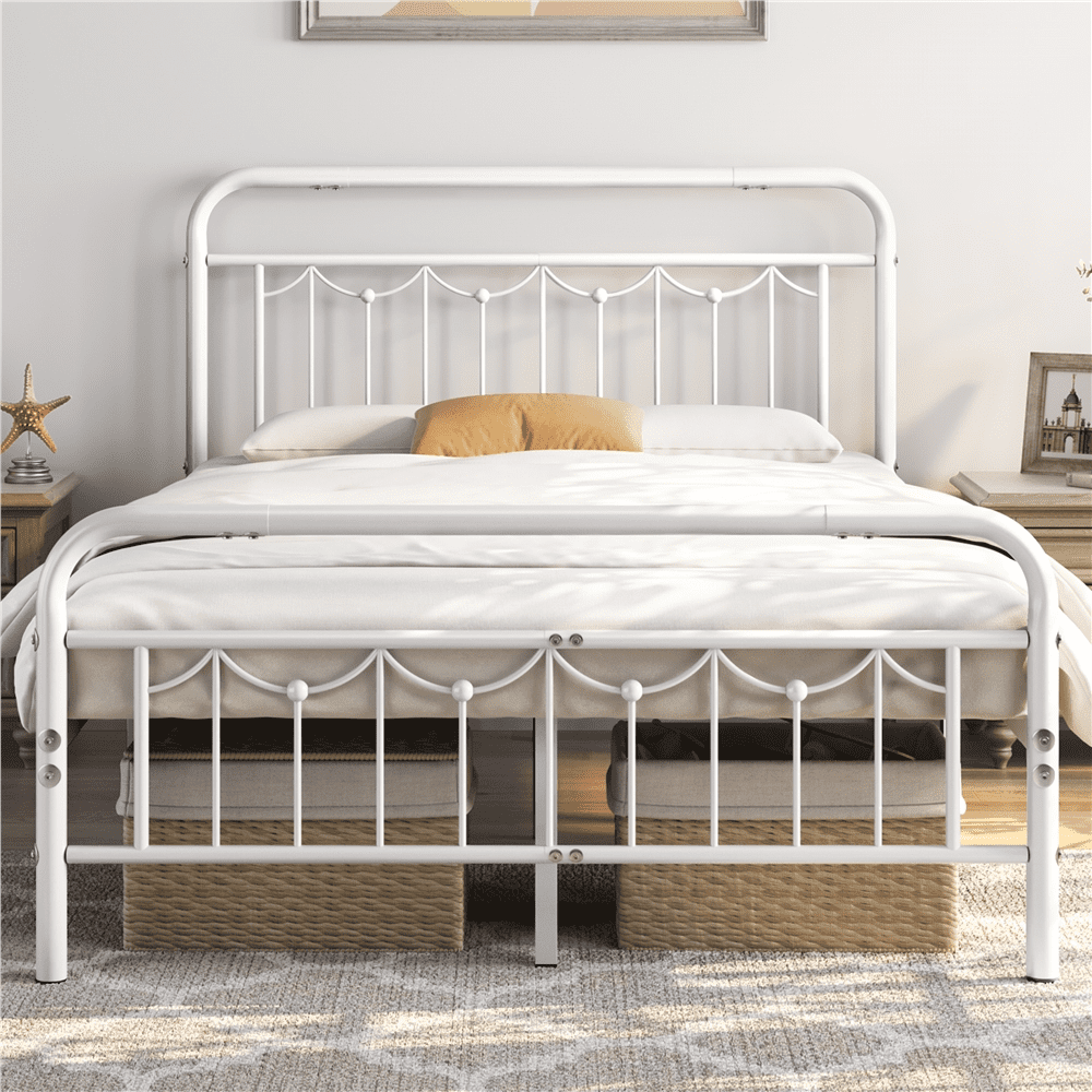 Alden Design Metal Platform Bed Frame for Adult with Vintage Headboard and Footboard, Full, White
