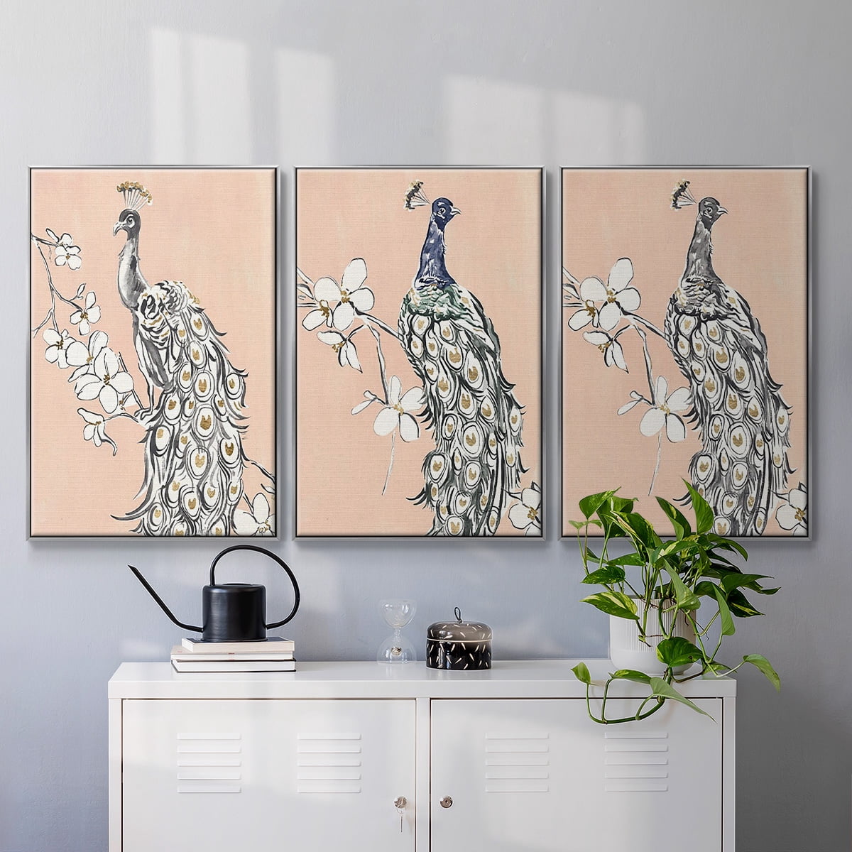 Peacock in Gold I - Framed Premium Gallery Wrapped Canvas L Frame 3 Piece Set - Ready to Hang