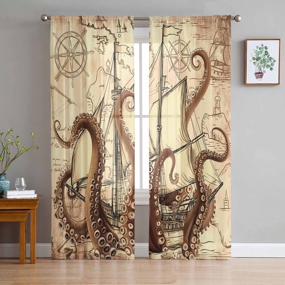 Vintage Octopus Semi Sheer Curtains 72 Inch Length 2 Panels Set, Beige Nautical Coastal Retro Sheer Kitchen Curtain Privacy Voile Window Curtain for Living Room Bedroom Rod Pocket Drapes