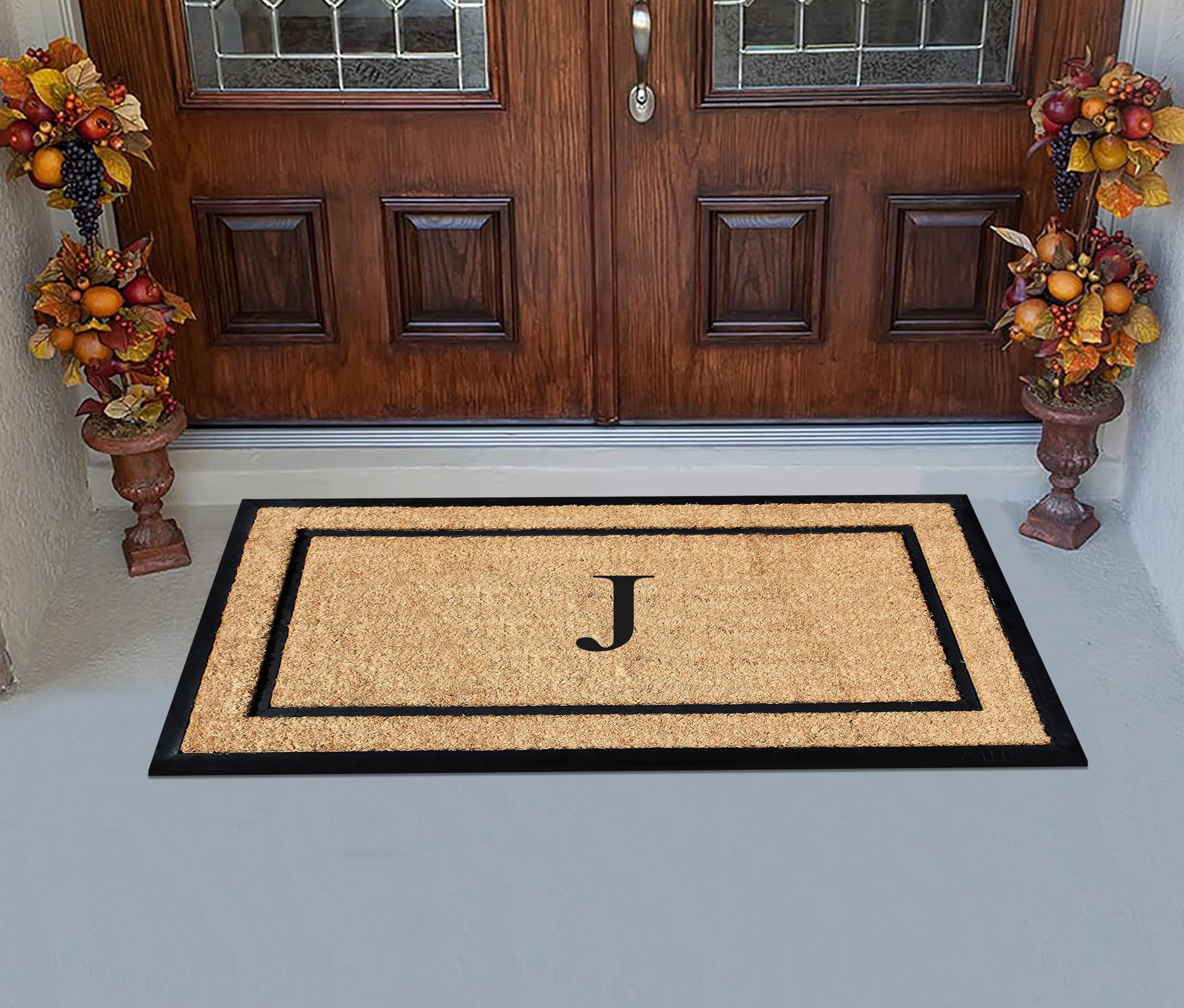 A1HC Natural Coir and Rubber Monogrammed Door Mat, 24x48 in, Thick Durable Thin Profile Welcome Mat for Front Porch & Entryway