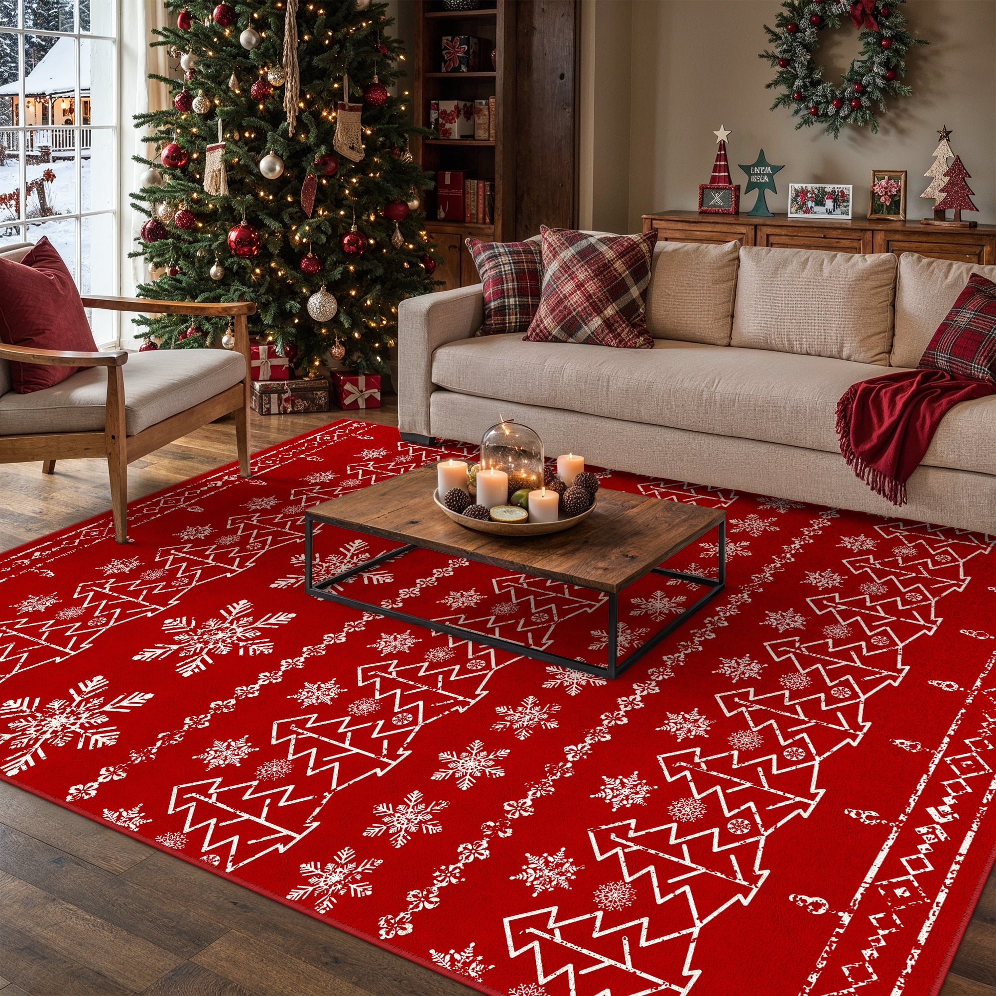 BERTHMEER 8'X10' Large Christmas Area Rug Red Christmas Snowflake Modern Rugs for Living Room Dining Room Bedroom Soft Machine Washable Non-slip Rug,Red