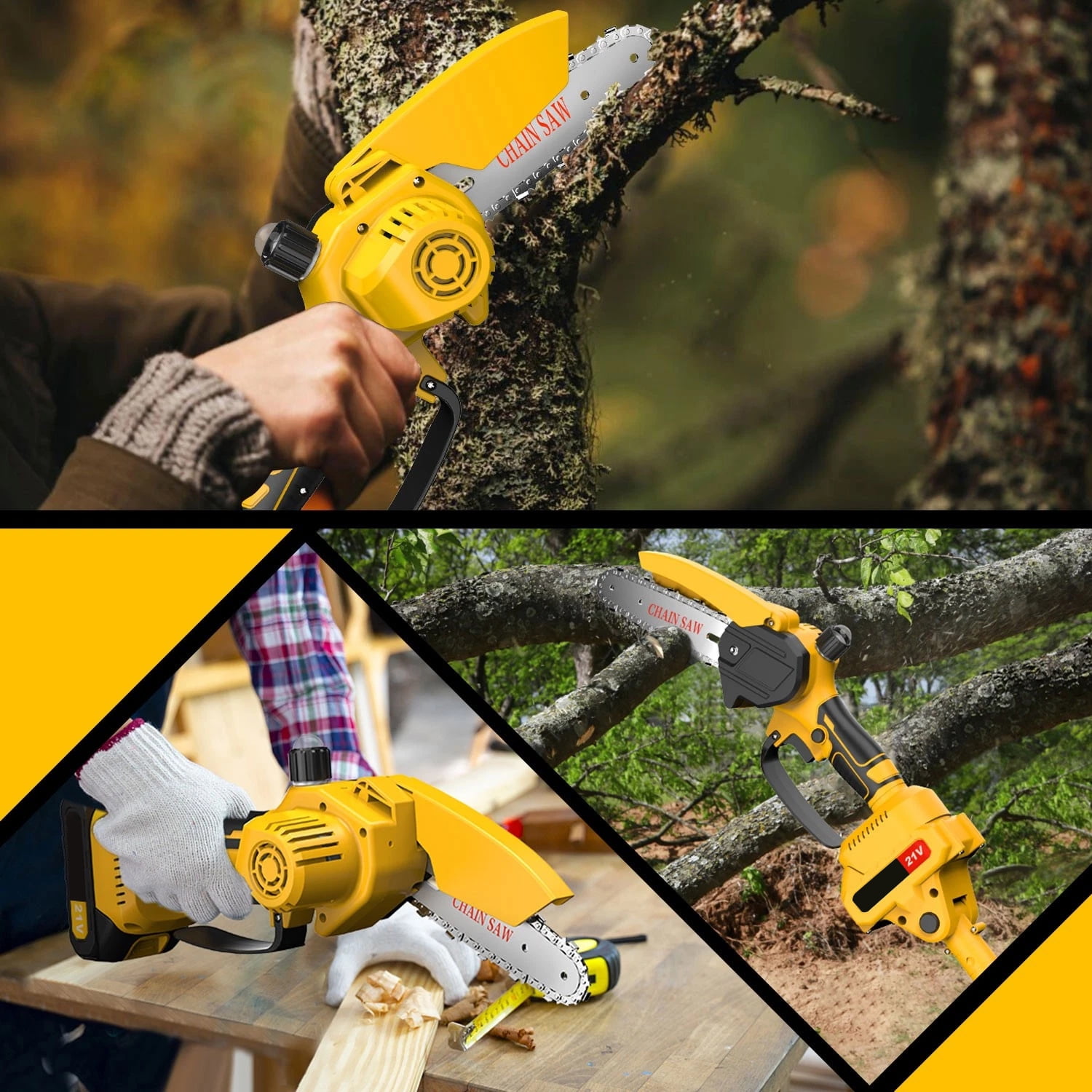 Cordless Pole Saw and Mini Chainsaw, 2-IN-1 Pole Chainsaw,Brushless Electric Pole Saw Battery Powered 4in/6in Chainsaw, 59 Inch Max Reach Tree Trimmer Pole Saw, Yellow