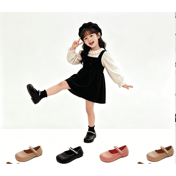 Losmtrace Girls Mary Jane Shoes with Pearl Strap, Soft Non-Slip Rubber Sole Princess Flats, Casual Dress & Wedding Party Shoes Pink 30-31