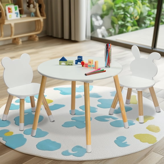 Ktaxon Kids Sensory Table & Chairs Set, Toddler Play Table with 2 Chairs, 3 Pieces Children Multi-Activity Round Table for Play Art Craft Reading Learning, Eating, White