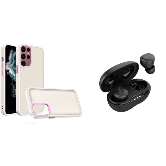 BD Slim Hybrid Case for Samsung Galaxy S23 Ultra Case (Beige/Pink) Frosted Back Protector TPU Cover with Noise-Cancelling Wireless Earbuds with Charging Case