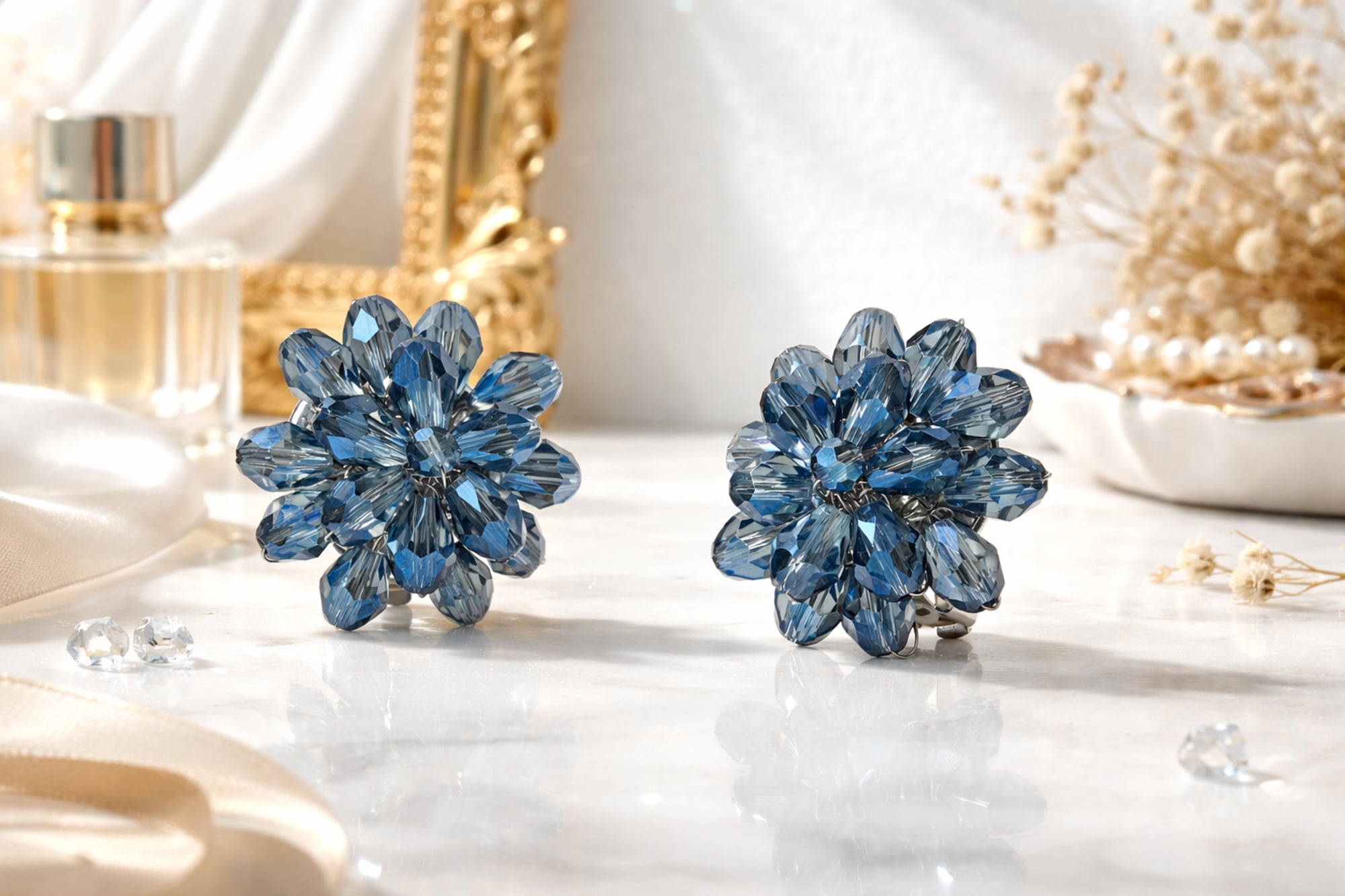 Dazzling Deep Blue Chrysanthemum Crystal Clip On Earrings