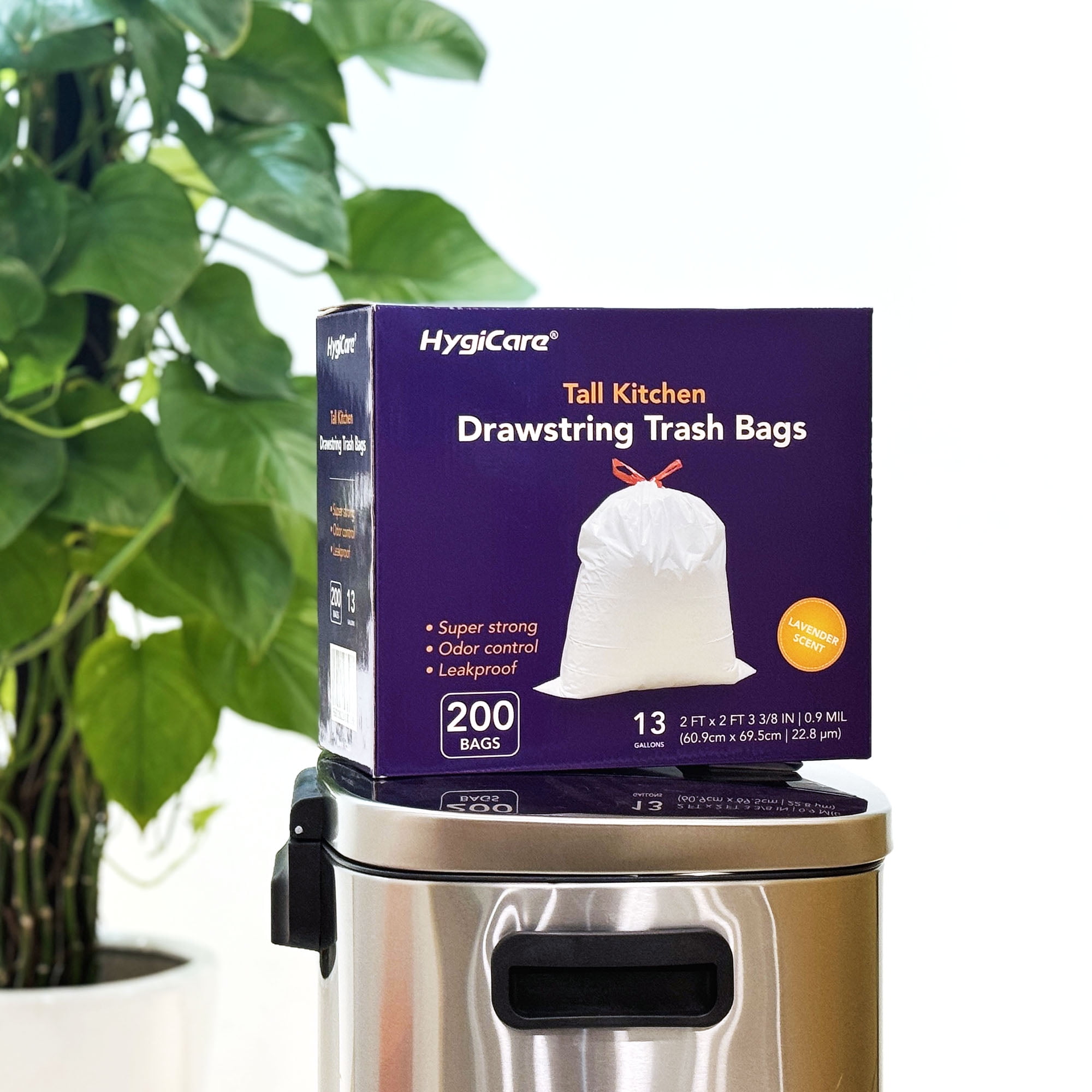 HygiCare 13 Gallon Tall Kitchen Drawstring Trash Bags, 200 Count, Lavender Scent, Super Strong, Leakproof