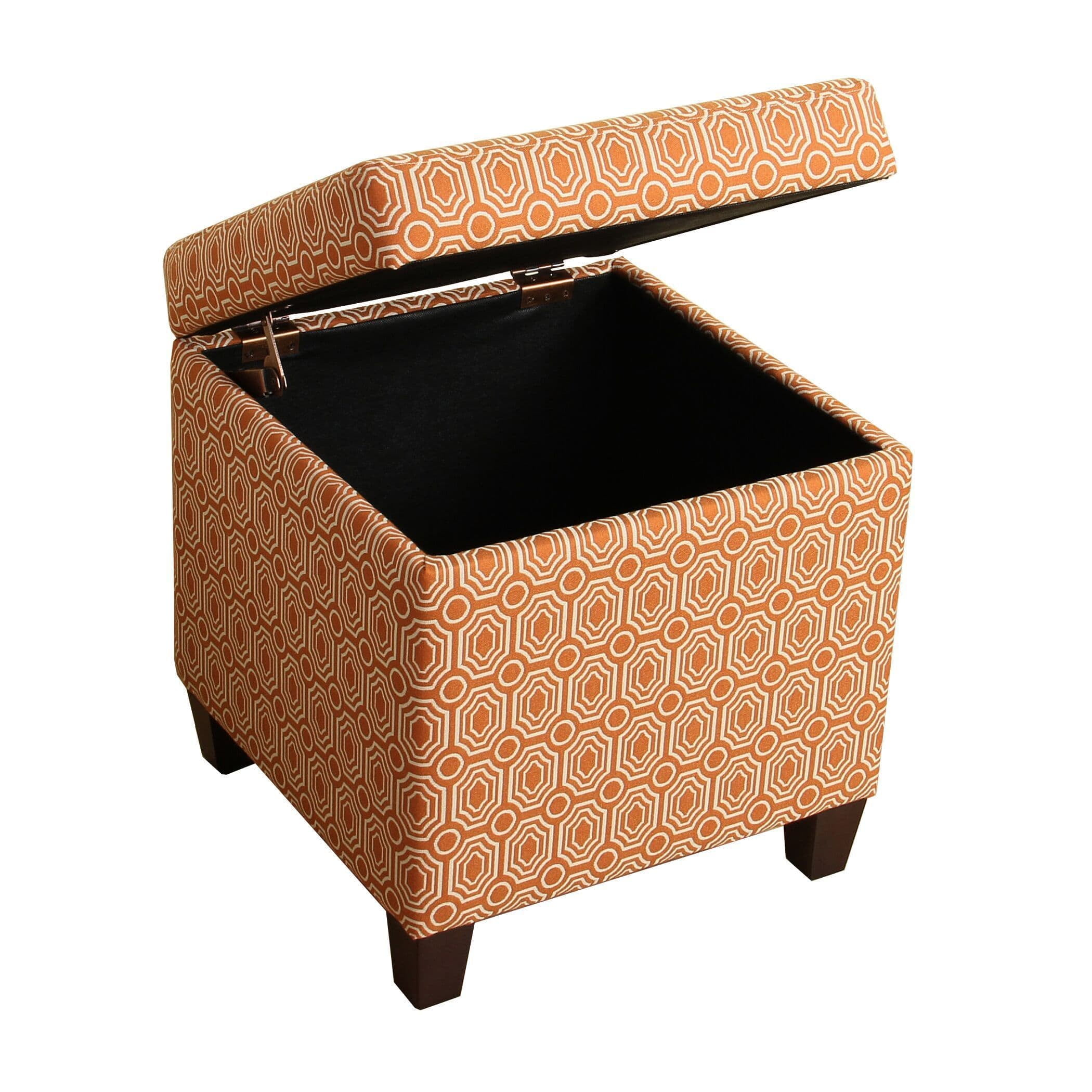 Geometric Patterned Square Wooden Ottoman with Lift Off Lid Storage Orange and Cream - Saltoro Sherpi