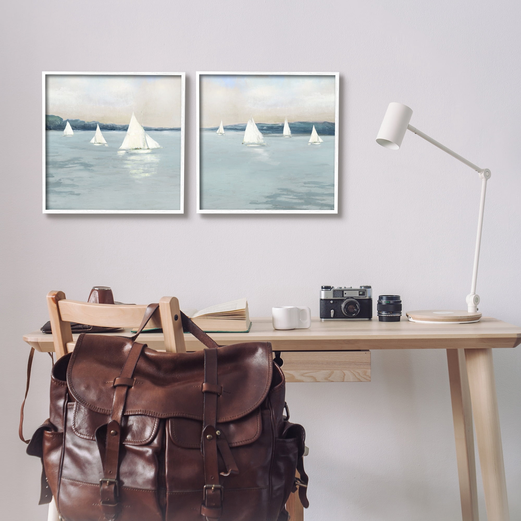 Stupell Industries Sailboats Grey Nautical Ocean View Coastal Painting White Framed Art Print Wall Art, Set of 2