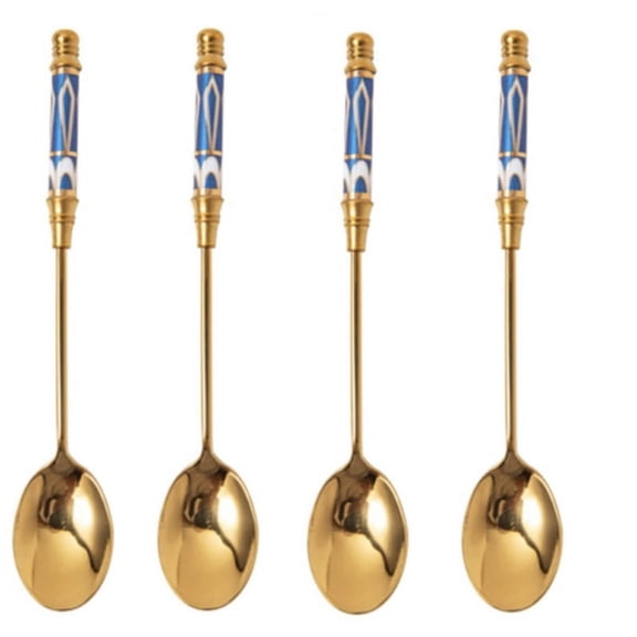 4 PCS Ceramic Long Handle Spoons - Coffee Spoon - Stainless Steel Small spoons - Tea Spoons For Dessert - Ice Cream Spoon - Cake Spoon Stirring Soup - Floral Handle Tea Spoon Tableware For Kitchen