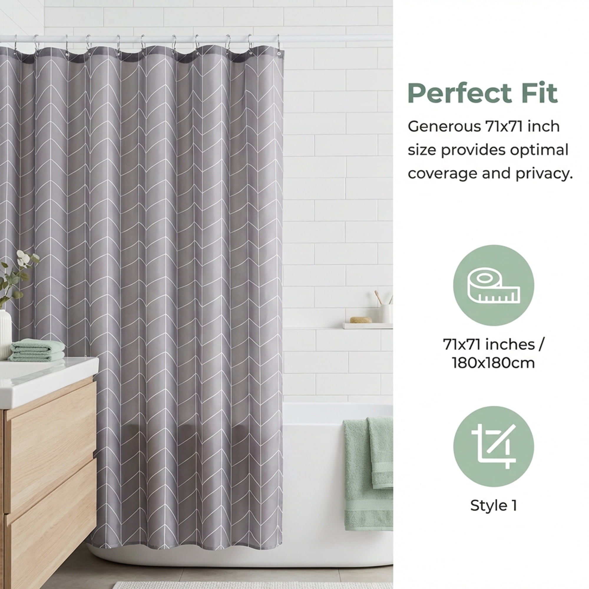 Unique Bargains Waterproof V-Stripe Shower Curtain Sets with 12 Hooks Grey 71"W x 71"L