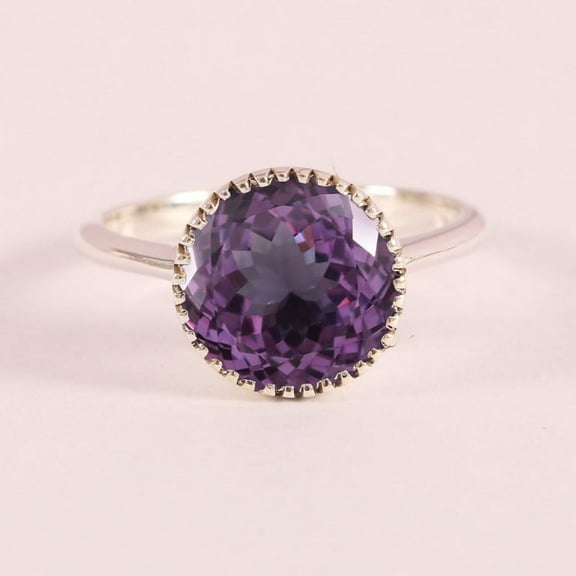 Round Alexandrite Solitaire June Birthstone Ring, 925 Sterling Silver Ring, Milgrain Wedding Ring, Alexandrite Stackable Promise Band Ring, Unique Gift for her