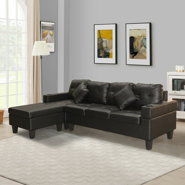 Leather L Shape Sofa Sectional Couch With Reversible Chaise Sleeper Cup Holders And 2 Pillows For Small Space Living Room Black Com Leather L Shape Sofa Sectional Couch, Double Chaise Sectional Sleeper Sofa