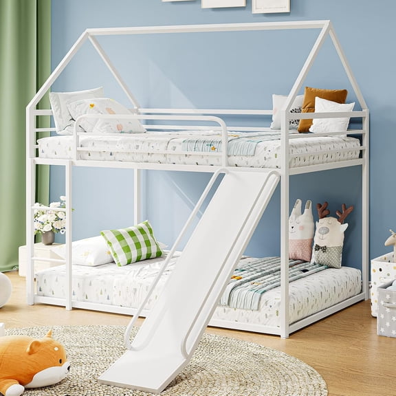 HighSound Metal House Bunk Bed with Convertible Slide, Ladder & Safety Guardrail, Twin over Twin Low Bunk Bed with House Shape & Roof, White