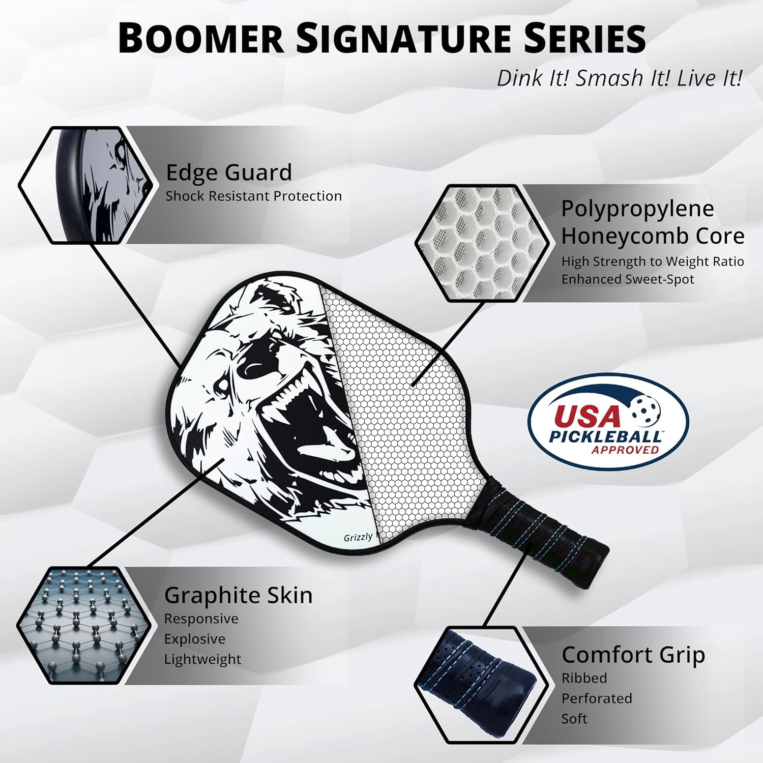 Boomer Signature Series Pickleball Paddle Graphite Face with Polymer Honeycomb Core Cushion Grip 7.8 oz
