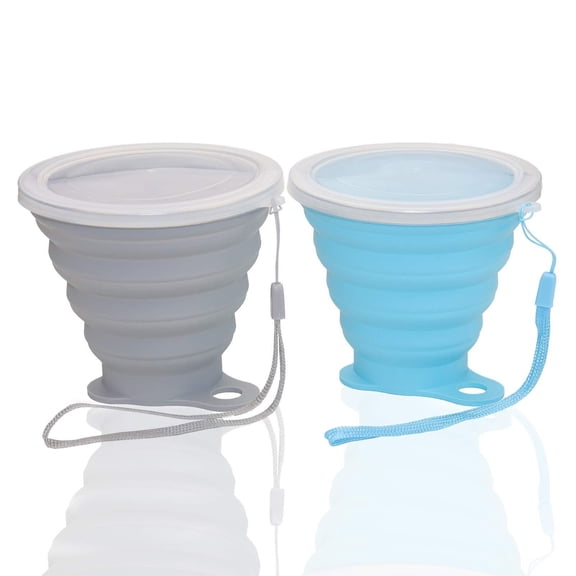 Silicone Collapsible Cups for Camping Travel, Small Portable Drinking Cup with Lids Reusable for Outdoor Hiking 270ml (Blue/Gray, 2 Pack)