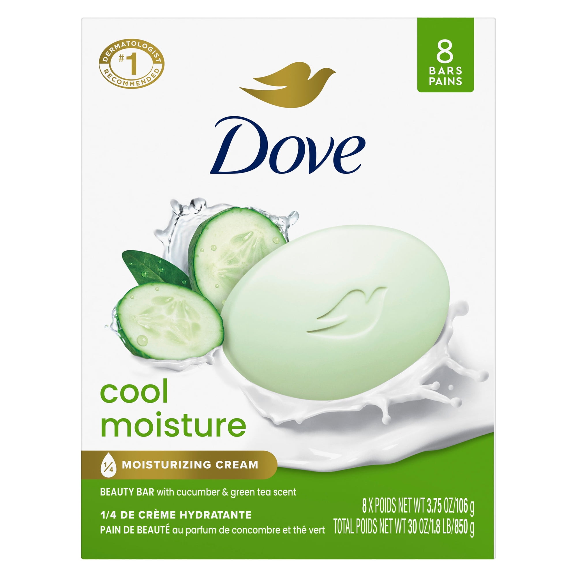 Dove Beauty Bar Soap For Refreshed Skin, Cool Moisture Cucumber & Green Tea Scent, Leaves Skin Refreshed, 3.75 oz 8 Bars