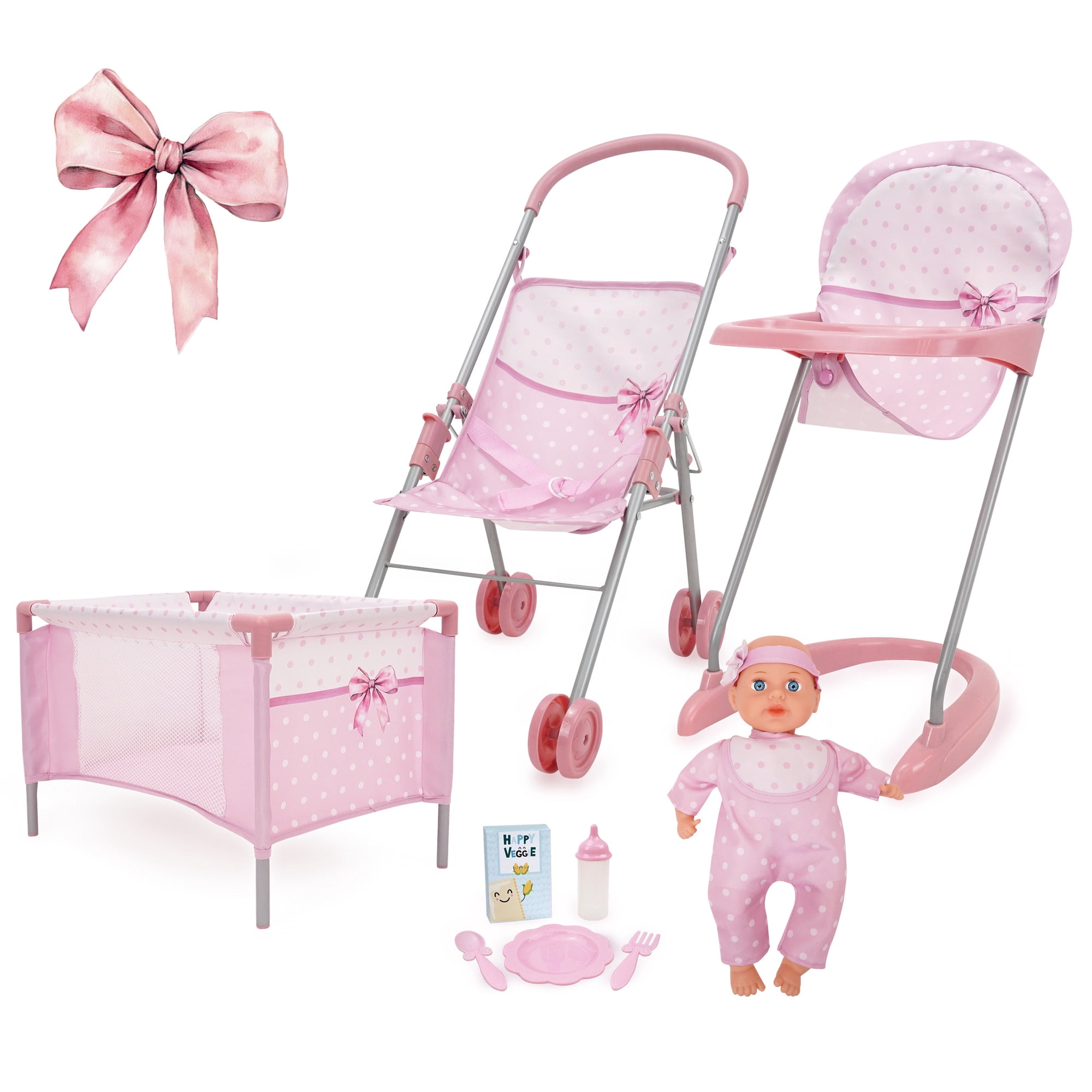 509 Crew: Bow Travel Care n Feed Set & Baby Doll - Pink-White, 9pc On-the-Go Accessories, Highchair-Umbrella Stroller-Play Yard, Roleplay Toy, Kids 3+