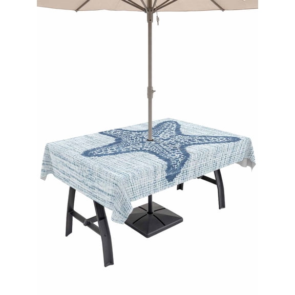60x84 Inch Outdoor Tablecloth with Umbrella Hole Zipper Rectangle Navy Bluefish Rectangular Tablecloths Waterproof Vintage Gray Farmhouse Coastal Summer Patio Table Cloth Cover for Picnic Party