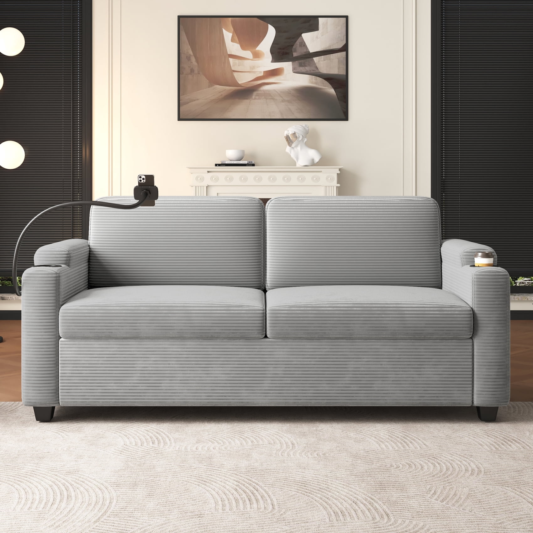 Harper & Bright Designs Corduroy Sleeper Sofa with Full Size Mattress, Convertible Pull-Out Sofa Bed with USB Charging Ports and Cup Holders & Phone Holder for Small Spaces Apartments, 72.8" Grey