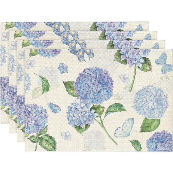 Watercolor Hydrangea Placemats for Dining Table, 12 x 18 Inch Spring Summer Seasonal Decoration Rustic Washable Table Mats Set of 4 Purple