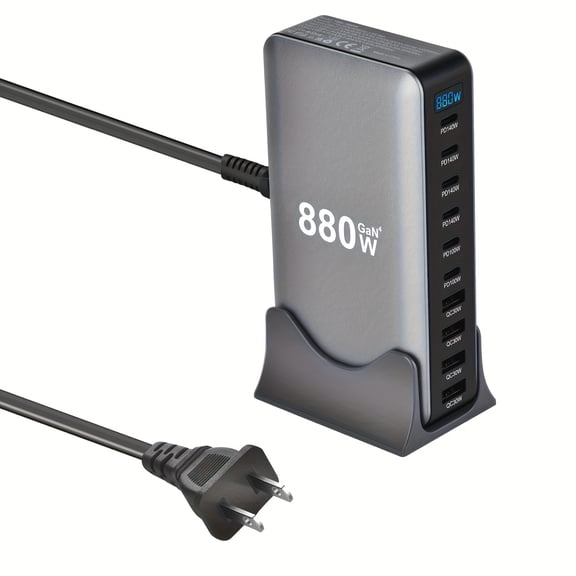 1000W GaN PD 10-Port Pop-up Charger: 59.06" US Cord, Compatible with MacBook/iPhone/iPad. Compact Portable, Multi-functional for Travel/Home/Office