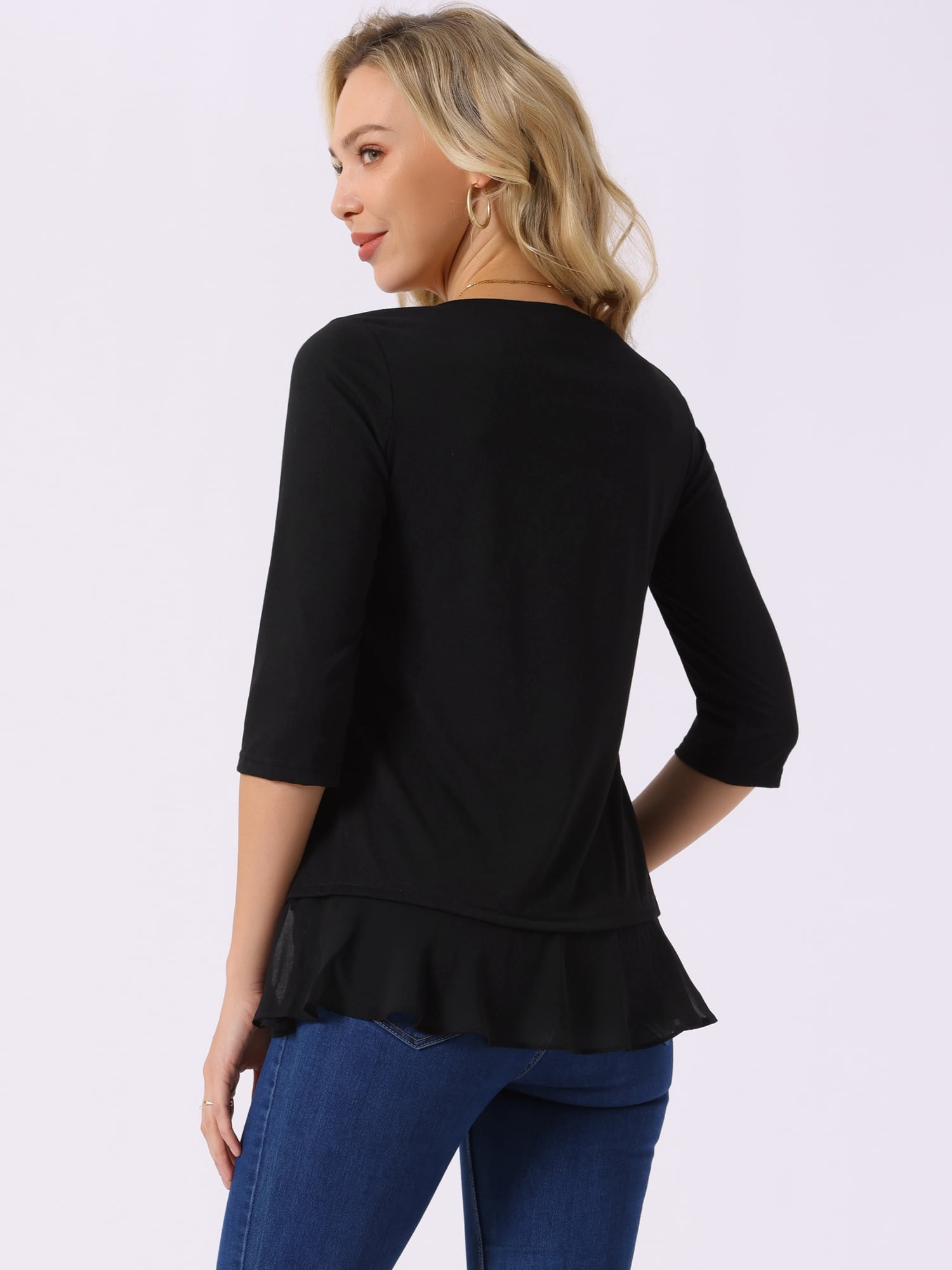 DARING DIVA Women's Casual 3/4 Sleeve Ruffle Asymmetrical Hem Blouse M Black
